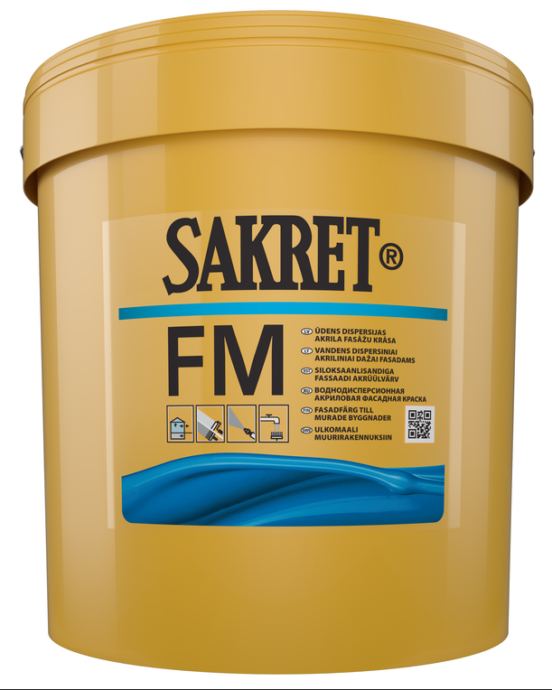 Sakret FM 9L. Ar siloksānu modificēta stirola-akrilāta ūdens dispersijas krāsa ārdarbiem.
